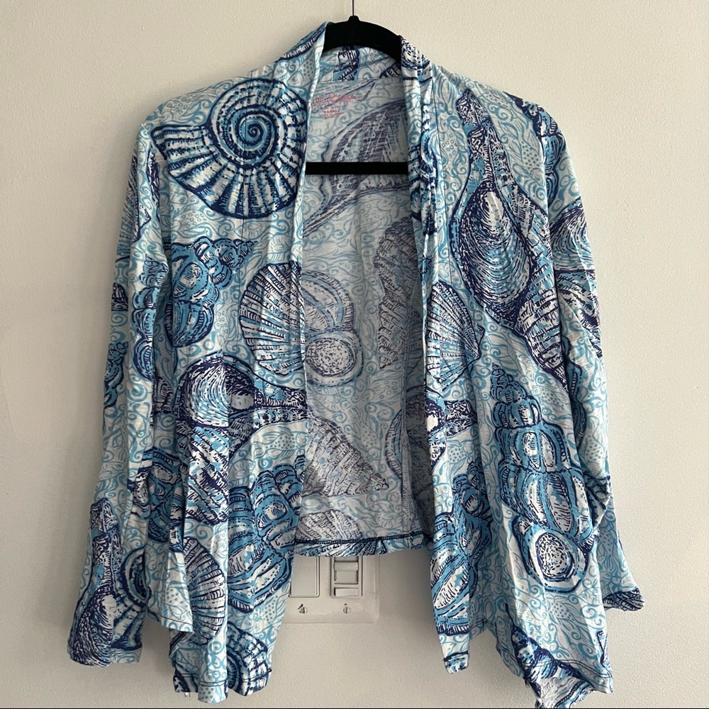 Lilly Pulitzer Classic Seashell Print Blue Sweater Wrap XS